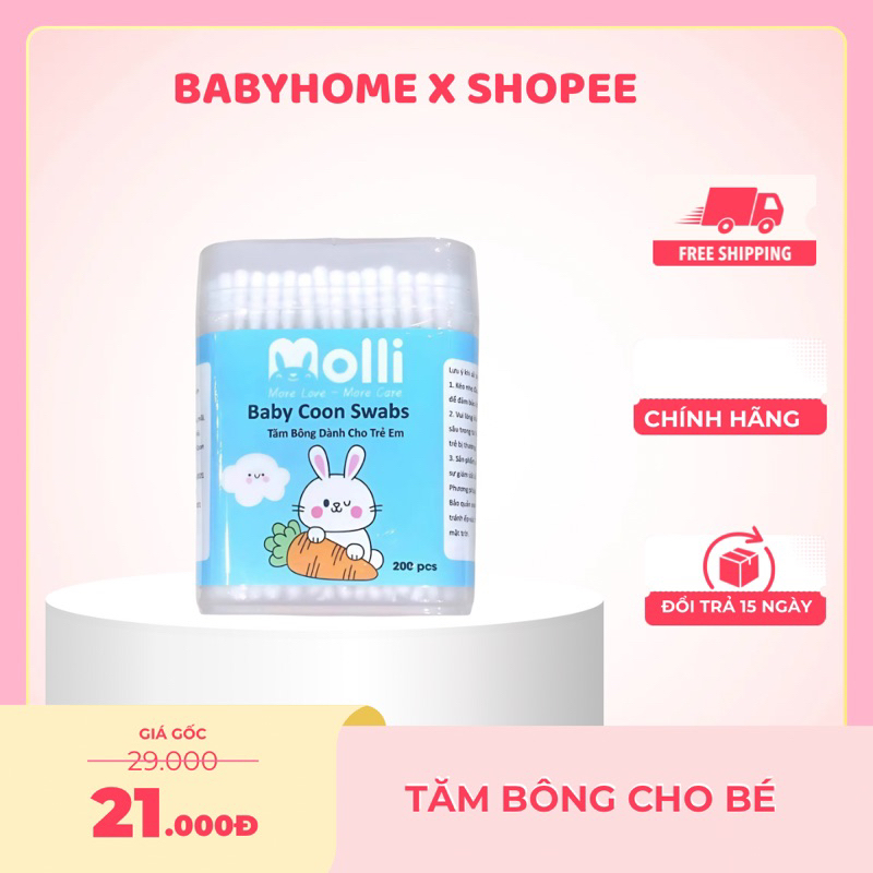 Hộp 200/400 que Tăm bông Molli an toàn cho bé babyhome