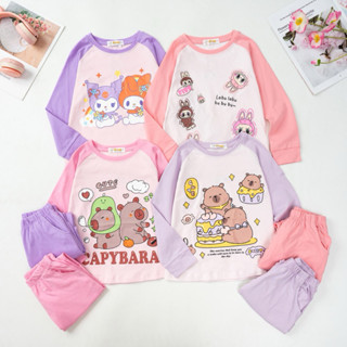 Bộ thu đông bé gái, bộ dài tay bé gái, bộ đồ bé gái dài tay Kuromi, Melody, Cinnamoroll, Labubu 4-12 tuổi (13-32kg)
