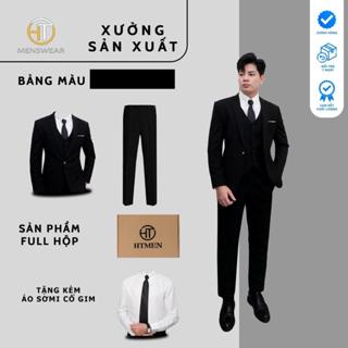  Bộ vest nam HTMenwear 1 cúc chất liệu vải 79 dày dặn màu đen full hộp tặng kèm sơ mi 