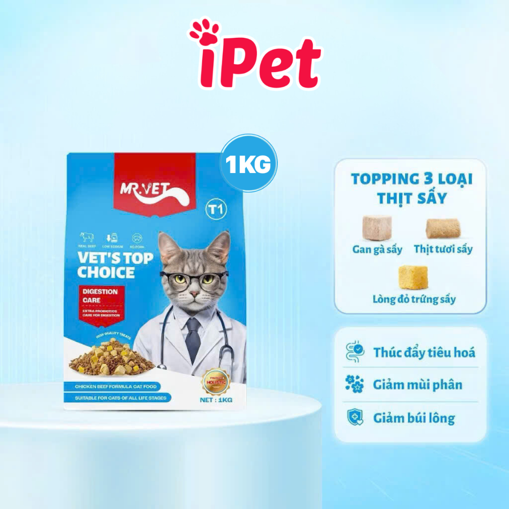 Thức Ăn Hạt Khô Cho Mèo MRVET T1 / T2 Túi 300g / 1kg - iPet Shop