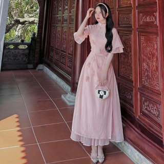 * Set váy áo dài thiết kế mặc đi chơi lễ tết chất tơ cổ tàu đính bông tay ngắn xẻ lai chân váy xoè chữ A dáng maxi
