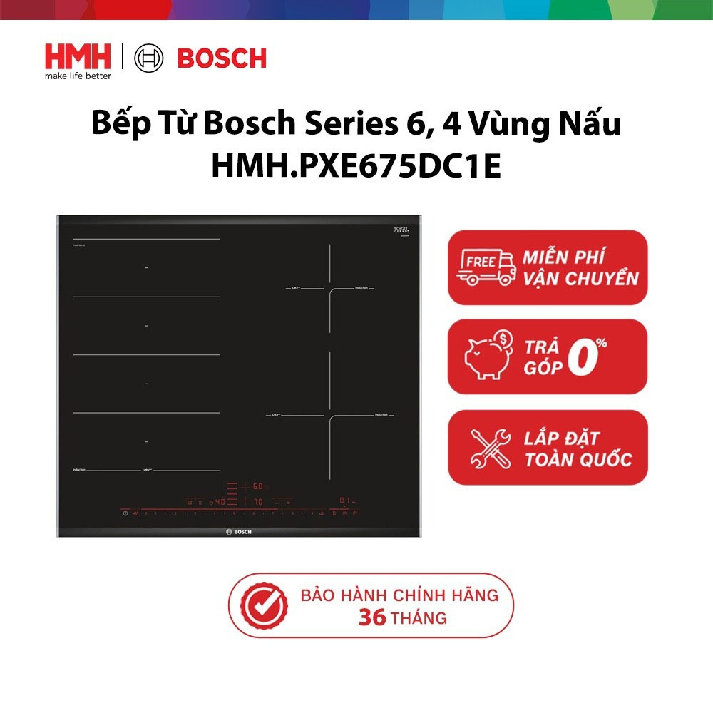 Bếp Từ Bosch HMH.PXE675DC1E Serie 8 4 Vùng Nấu, Kích Thước 606x527mm, Màu Đen