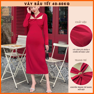 Váy bầu tết thun tăm co giãn Đầm bầu đỏ body đen body mùa đông dài tay dáng dài 40-70kg