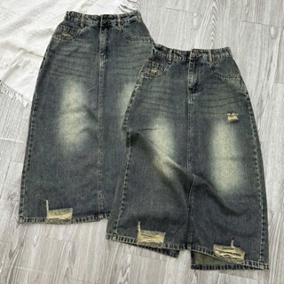   BIGSIZE 80KG  3133 Chân Váy Jean Nữ Dáng Dài Rách Gấu Túi Sau Chữ Tua Rua chân váy bò xẻ sau 