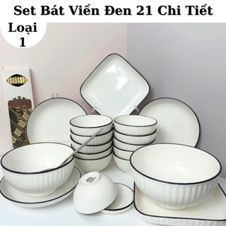 Bộ Bát Đĩa Viền Đen Vân Sọc 21 Chi Tiết Set Bát Đĩa Trắng Viền Đen 21 Món Gốm Sứ Cao Cấp