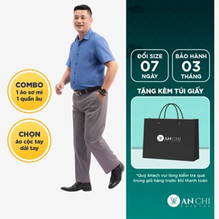 Combo áo sơ mi nam sợi tre xanh biển & quần âu vải tăm ghi đậm trung niên ANCHI - CB11