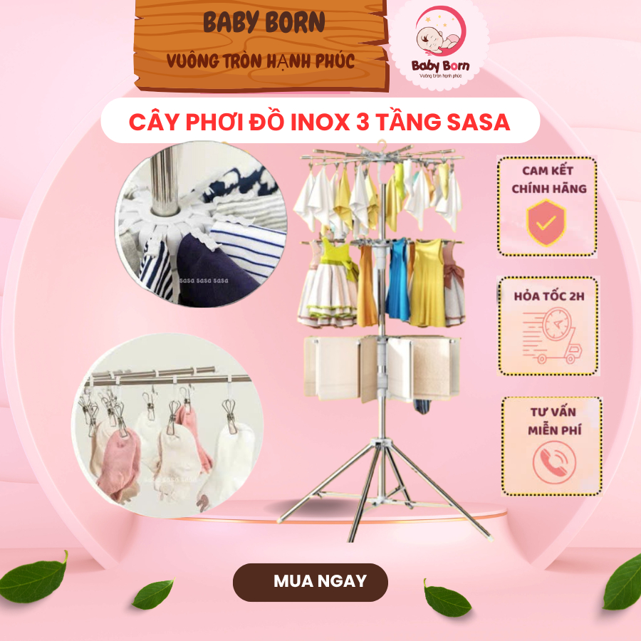   CAO CẤP SASA UMOO HONPER  - Cây sào phơi đồ gấp gọn cho bé cây phơi quần áo đa năng inox 3 tầng 168cm 60 kẹp xoay 360 