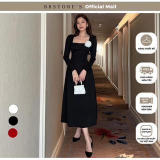  Đầm Xòe Dự Tiệc Tay Dài Cổ Vuông Xếp Nhún Eo Sang Trọng (không kèm tag hoa) BBSTORE'S -D2618