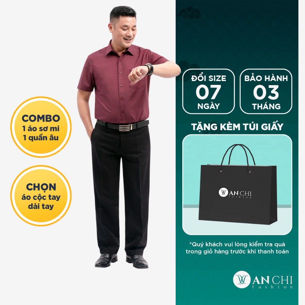 Combo áo sơ mi nam sợi tre đỏ đô & quần âu vải tăm màu đen trung niên ANCHI - CB12