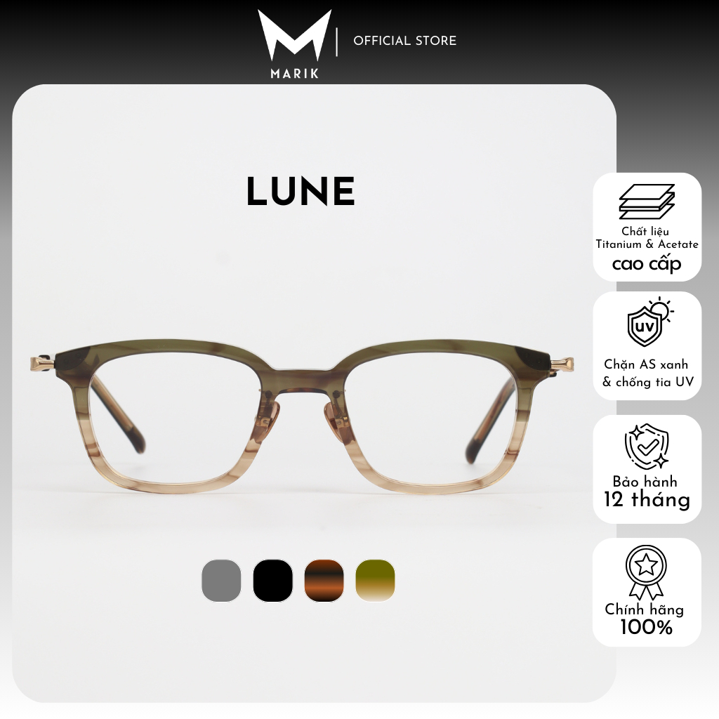 Gọng cận unisex, gọng kính nam nữ MARIK Lune vuông havana nâu thanh lịch Titanium & Acetate cao cấp
