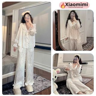 Đồ ngủ, đồ bộ nữ chất lụa satin họa tiết thỏ trắng cổ ren dễ thương, Pijama mặc nhà cao cấp HCOM3605 Xiaomimi