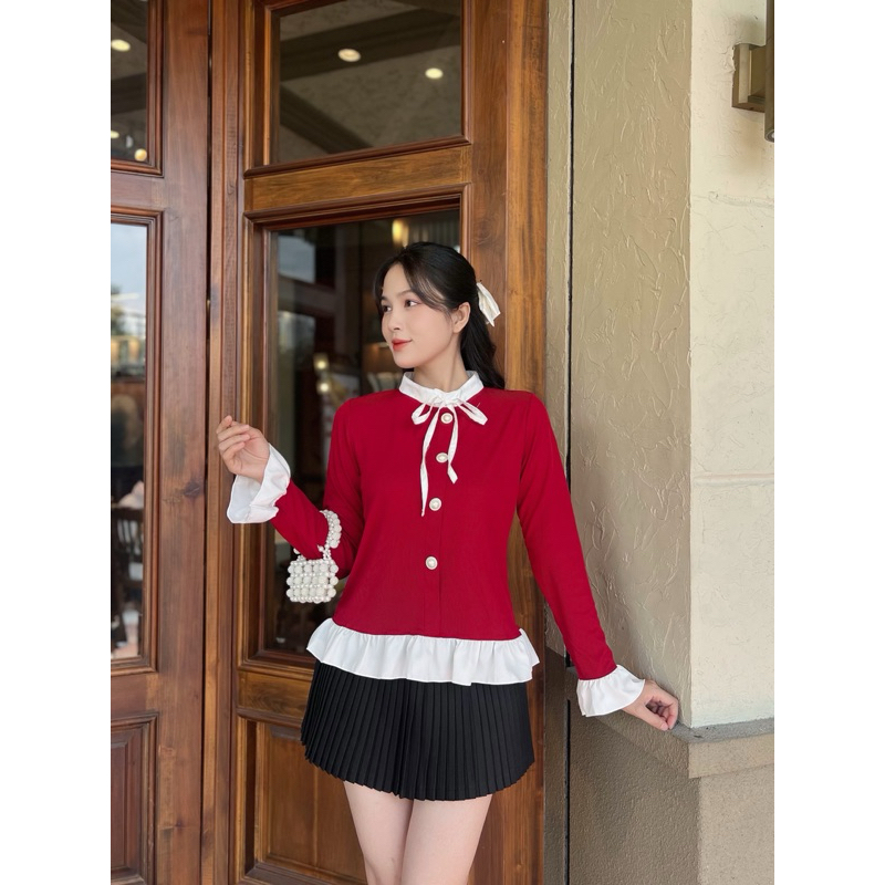 Áo sơ mi nữ len tăm co giãn phối bèo đinh nơ tiểu thư Gloria Shop