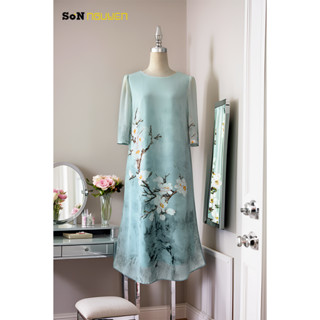 SONNGUYEN Đầm suông trung niên dự tiệc giấu bụng Đầm tặng Mẹ 36101 (Dài 105cm)