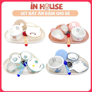 Combo bát sứ ăn dặm cho bé kèm khay mây tặng thìa báo nóng, chén ăn dặm set nhiều hình xinh- Ỉn House