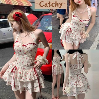 Set bộ nữ áo cổ yếm cúp ngực viền nơ mix chân váy xòe ngắn tầng ren in hoa phong cách ngọt ngào xinh xắn CATCHYstore