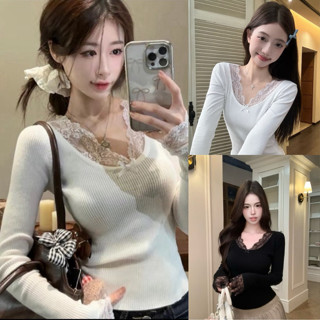  Áo kiểu phối ren thu đông đính nơ trắng đen chất thun gân VANISA CT113 