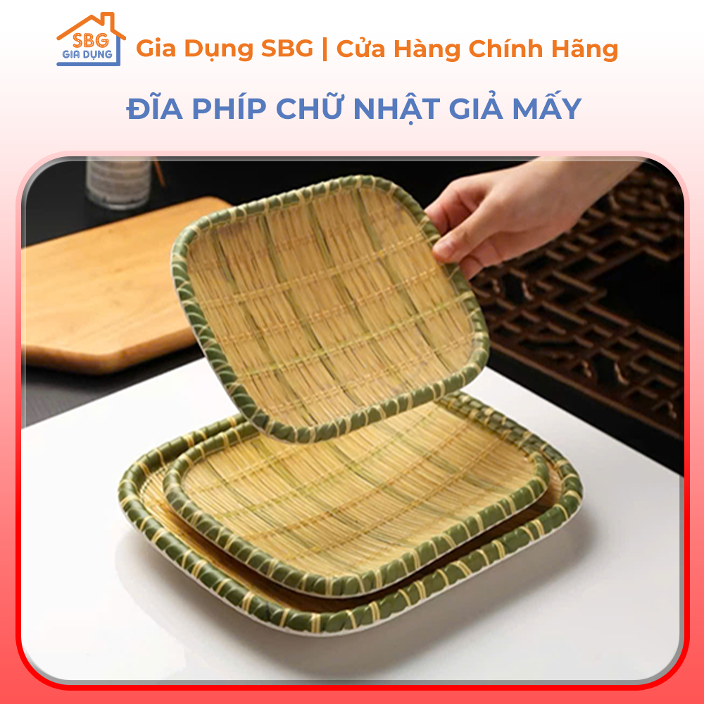 Đĩa phíp nhựa giả mây tre đan hình chữ nhật đủ size có chân để hoa quả,mẹt bún đậu,mẹt nhựa giả mây