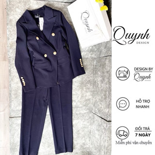 Set vest nữ blazer công sở QUYNH DESIGN cao cấp thiết kế áo chiết eo quần ống baggy màu xanh đen