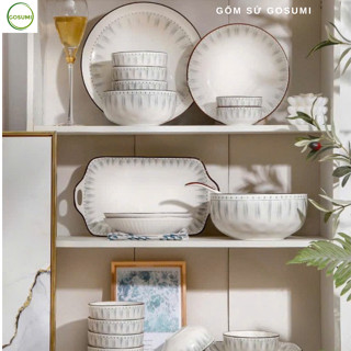 Bộ Bát Đĩa Chén Dĩa Sứ Đẹp Decor Viên Bi Xám Viền Nâu Sang Trọng GOSUMI An Toàn Cho Máy Rửa Bát