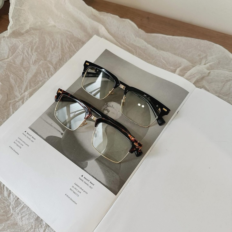 Lyys Store - Kính mát + Kính cận nhựa clubmaster chữ nhật viền dày, gạch to 2 bên 20411