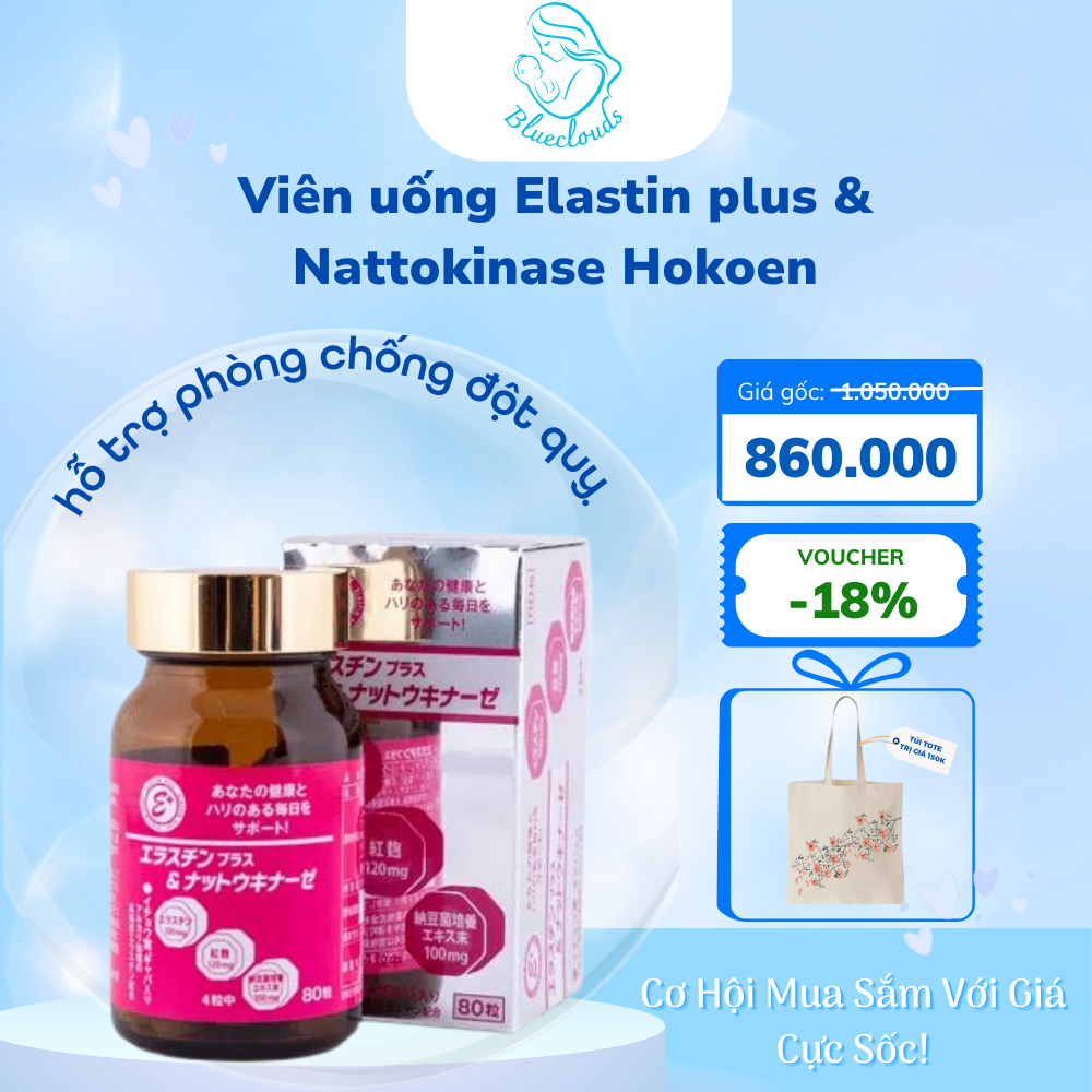 Viên uống Elastin plus & Nattokinase Hokoen hỗ trợ phòng chống đột quỵ - Hộp 80 viên