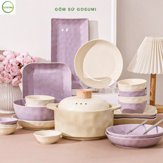  Bộ bát đĩa chén dĩa màu tím kem phong cách nhẹ nhàng sang trọng Gosumi an toàn cho máy rửa bát lò vi sóng 