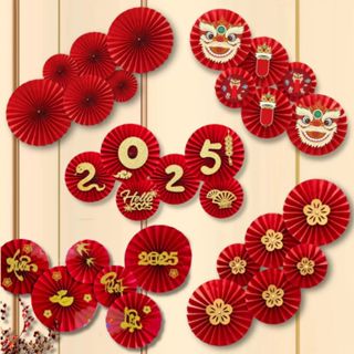 Quạt giấy trang trí tết năm mới 2025 năm Tỵ có keo dán, quạt đỏ treo tường chữ happy new year hàng loại 1 siêu đẹp