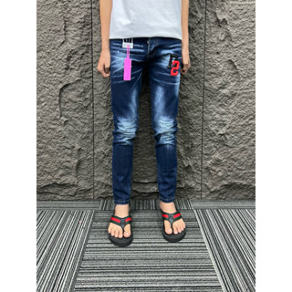 Quần Jean nam DSQ2 xanh không rách thêu chữ D2 tag hồng