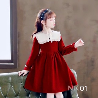  Đầm váy công chúa cho bé dáng xoè dài tay vải nhung đỏ đính nơ váy bé mặc noel mặc tết   15-50 kg  