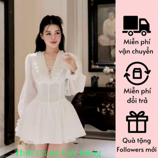 Váy cổ V tay dài chân váy xoè chất vải tơ phù hợp mặc đi tiệc cưới xinh lung linh tt275