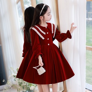  Đầm nhung màu đỏ cho bé gái  phối hoạ tiết sang chảnh tiểu thư váy bé mặc noel mặc tết 