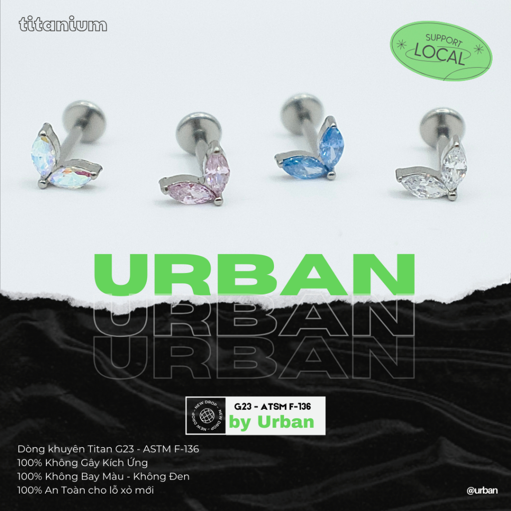 [1 Mặt Khuyên] Khuyên tai, chất liệu titan G23 ASTM F-136 ĐUÔI CÁ Không Ngứa Không Bay Màu urban  [X