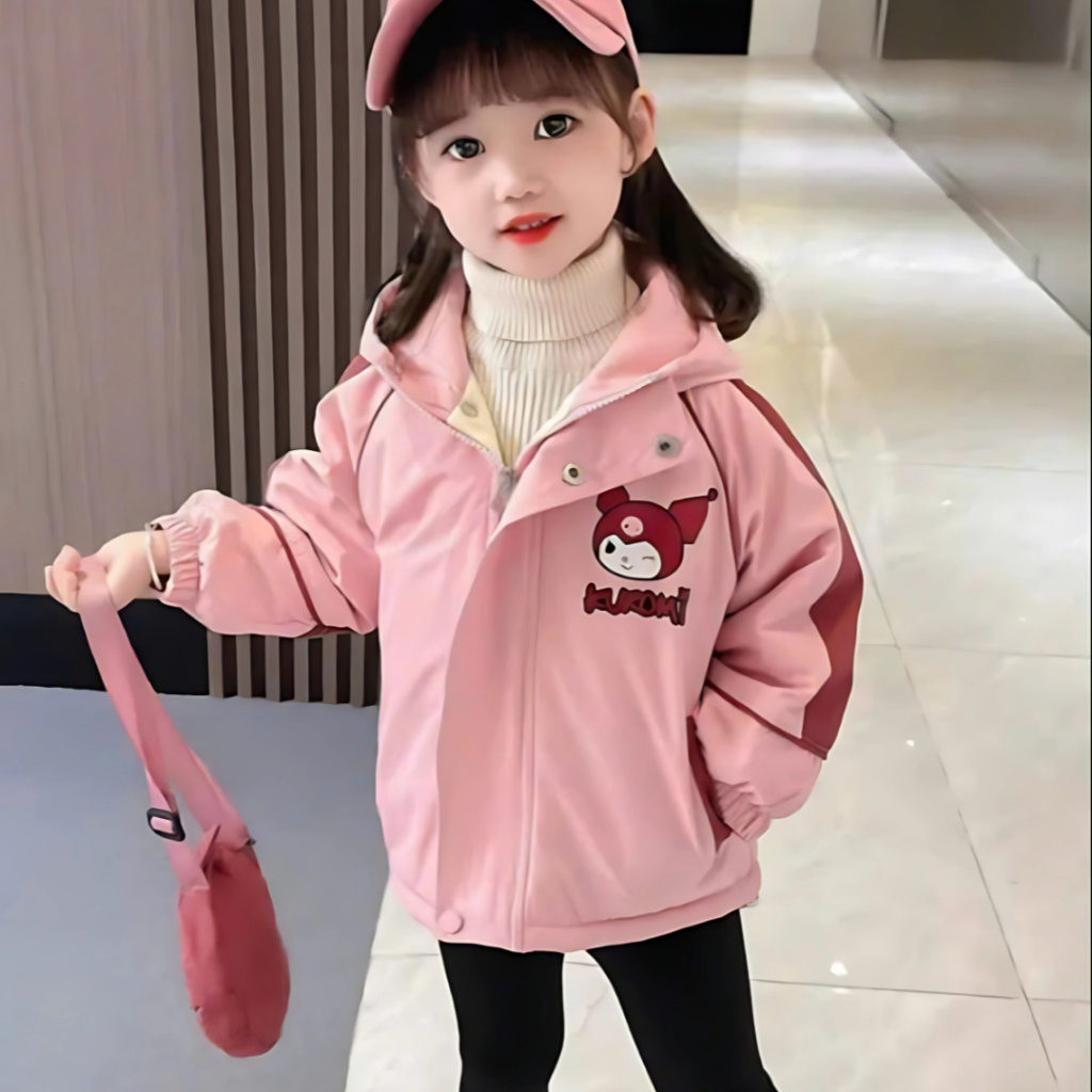    8-45 KG   Áo khoác gió lót lông in hình Kuromi vải tráng bạc chống nước chống gió lót lông dày dặn  có vạt che khóa  