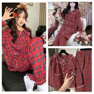 SÉT BỘ PYJAMA KẺ DÀI BÈO ĐỎ VIỀN REN TRẮNG D88