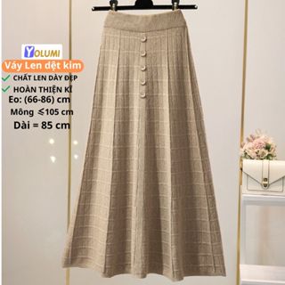 Chân Váy Len Dài Váy Thu Đông Nữ Dáng Chữ A Phối Cúc Vải Len Dày Dặn chất lượng cao YOLUMI
