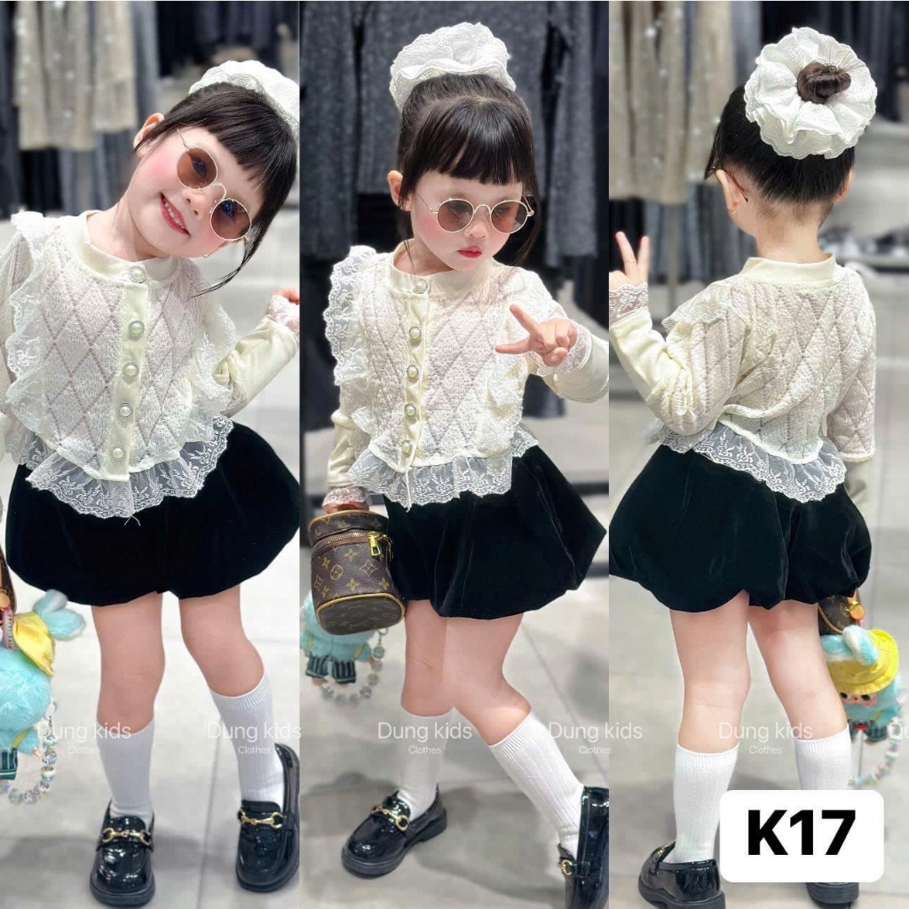Set Áo Bèo Ren Dài Tay Khuy Ngọc Kèm Quần Nhung Bí Phồng Điệu Đà Cho Bé Gái [Dungkid K17]