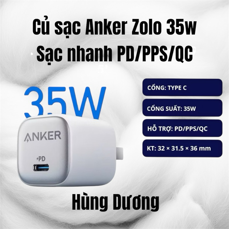 Củ sạc nhanh Anker Zolo A2696 công suất 35w, sạc nhanh PD 3.0, hỗ trợ PD/PPS/QC 3.0
