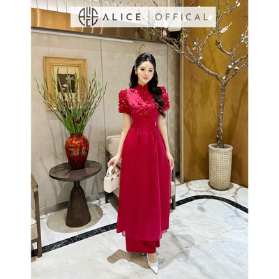 Áo Dài Nữ 2 Lớp Chất Tơ Mềm Alice, Áo Dài Cách Tân Tay Bồng Chạy Bèo Ngực Đính Hoa Nổi Kèm Quần Lụa AD792 Đồ Tết