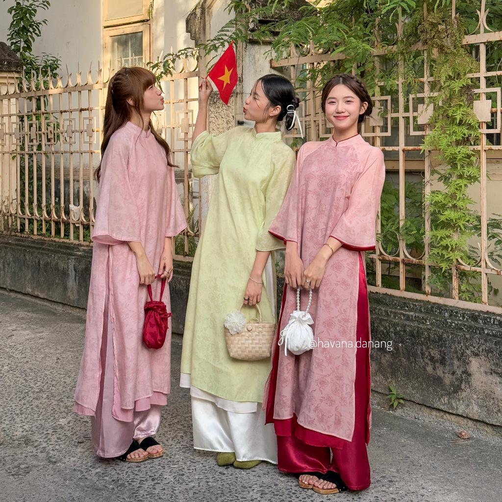 Áo dài voan tơ CẢNH NGHI vân hoa chìm tay loe kèm quần satin HAVANA AD150 | BigBuy360 - bigbuy360.vn
