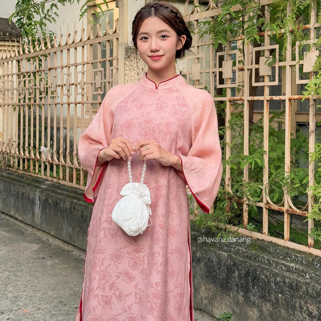 Áo dài voan tơ CẢNH NGHI vân hoa chìm tay loe kèm quần satin HAVANA AD150 | BigBuy360 - bigbuy360.vn