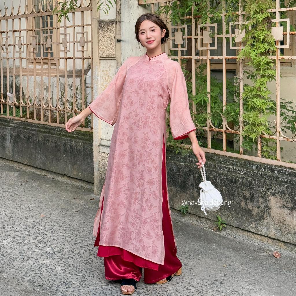 Áo dài voan tơ CẢNH NGHI vân hoa chìm tay loe kèm quần satin HAVANA AD150 | BigBuy360 - bigbuy360.vn
