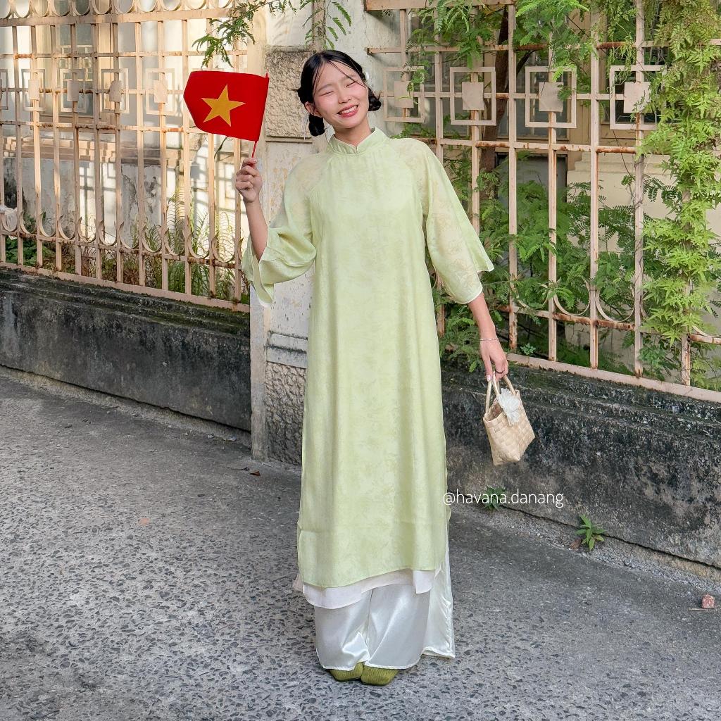 Áo dài voan tơ CẢNH NGHI vân hoa chìm tay loe kèm quần satin HAVANA AD150 | BigBuy360 - bigbuy360.vn