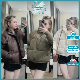 Áo phao béo nữ dáng croptop, áo khoác phao cổ cao hai lớp bo chun ống tay phối cúc bấm dày dặn ấm áp