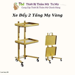 Xe Đẩy Inox Mạ Vàng 2 Tầng 304, Xe Đẩy Gấp Gọn Đựng Dụng Cụ Đồ Y Tế Spa Thẩm Mỹ