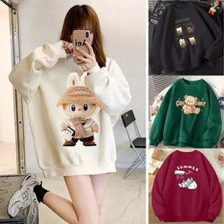 Áo Sweater Nữ Dài Tay In Nhiều Hình Form Rộng Áo Nỉ Lót Bông Cổ Tròn
