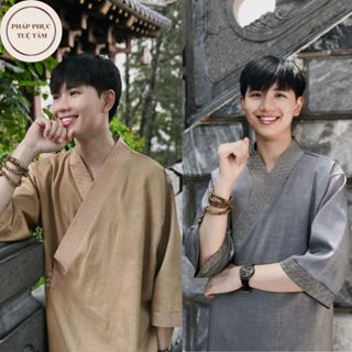  Pháp Phục nam vạt chéo phối viền Đồ lam đi chùa cho nam tay lỡ chất liệu vải đũi lạnh cao cấp thoáng mát ko nhăn 