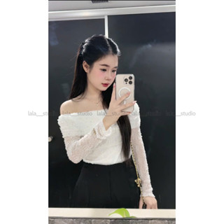  LALASTUDIO• Áo ren trễ vai đính đá bling bling áo trễ vai dày tay tiểu thư sang chảnh   hàng chuẩn L1  