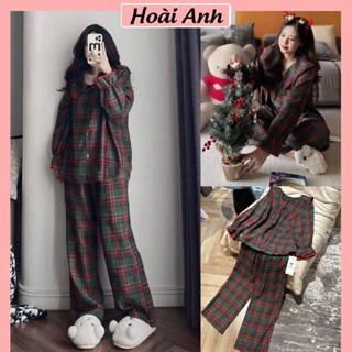 Set Bộ Đồ Nữ Pyjama Kẻ Caro Xanh Đỏ Noel Áo Cúc Cài Phối Cổ Bèo Viền Đỏ Mix Quần Suông Dài Ống Rộng Freesize