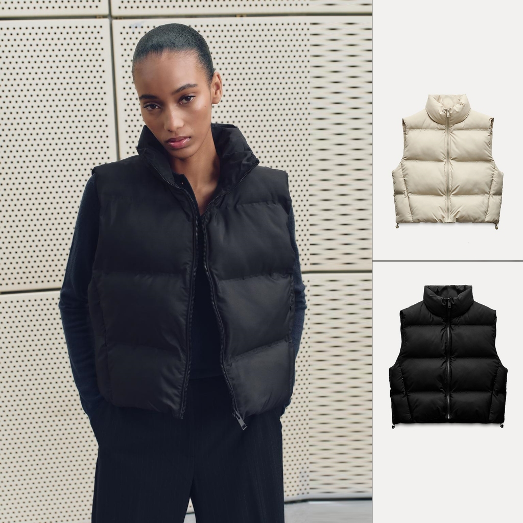 Áo gile phao Zara made in Morocco basic màu trơn đen kem - nữ