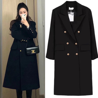 Áo khoác dạ wool ép lông cừu dáng dài lót trần đè bông 2 màu xanh than và đen phong cách Nertro xinh xa